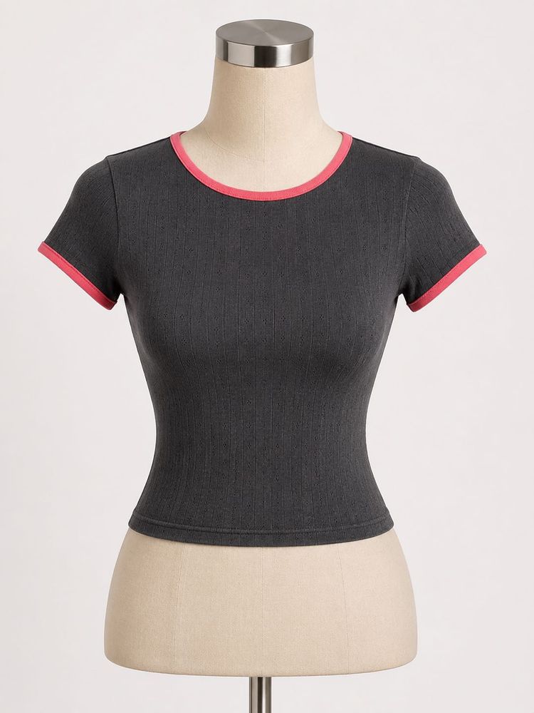 Ribbed Crop Top with Pink Trim