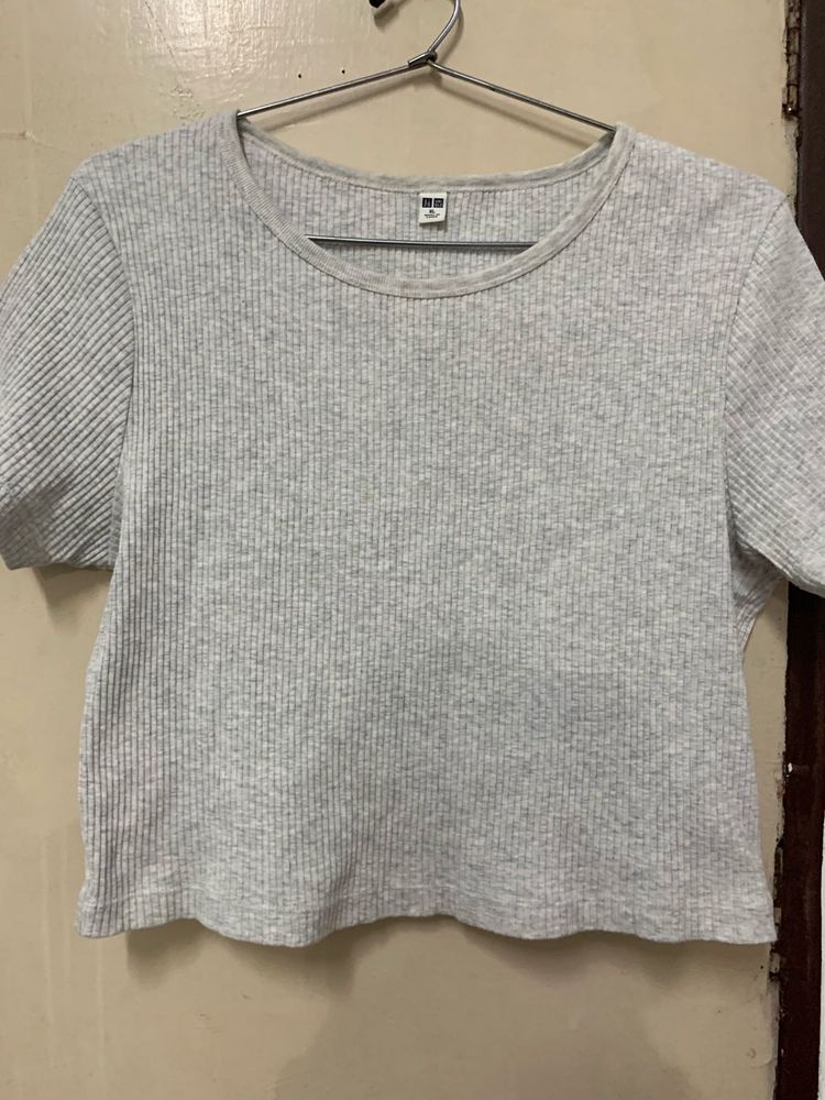 Grey Ribbed Cropped T-Shirt