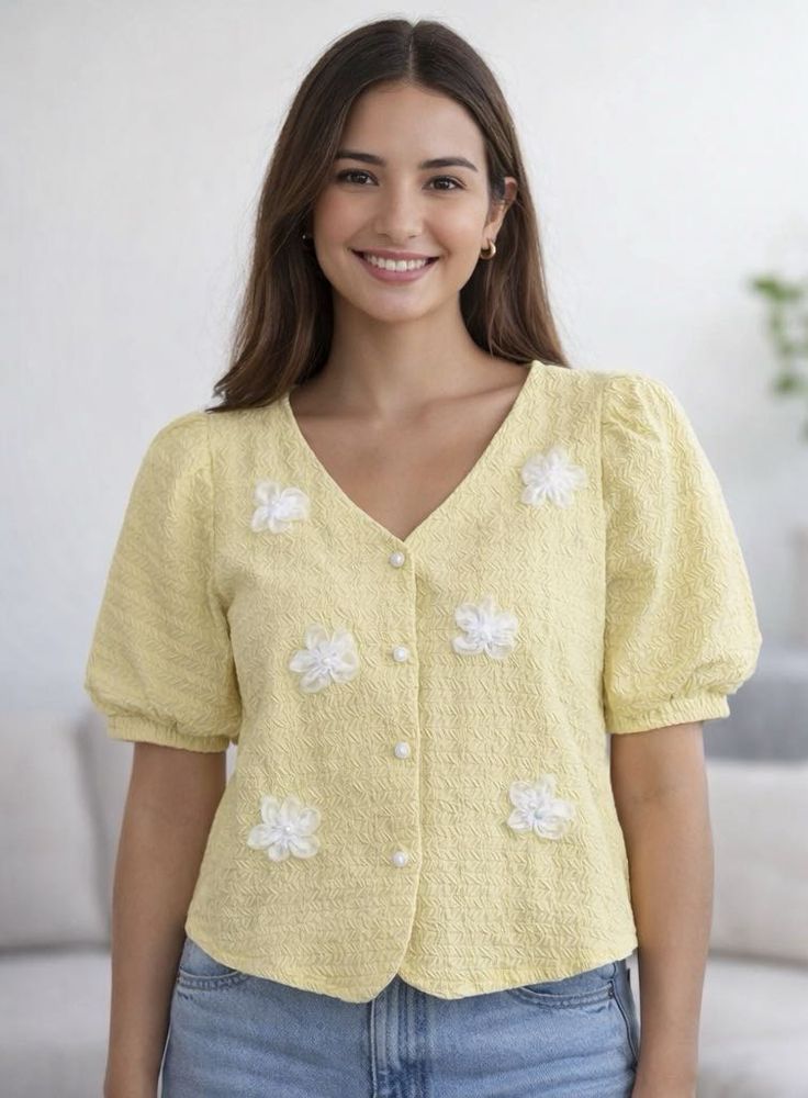Lemon Yellow Puff Sleeve Top with Flower Detail