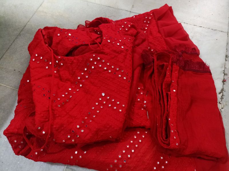 Red Mirror-Work Lehnga