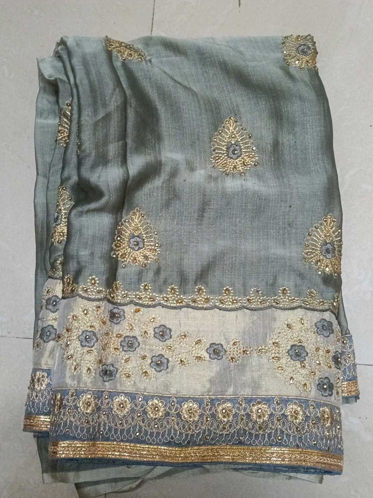 Embroidered Grey Silk Saree