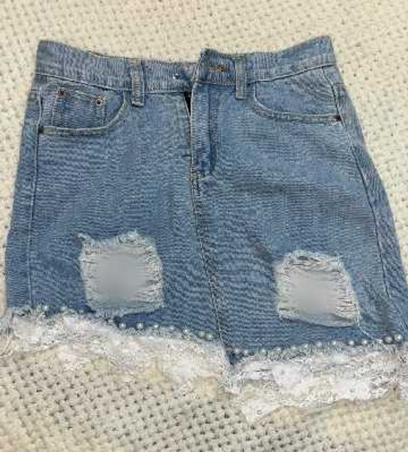 Distressed Denim Mini Skirt with Lace Trim