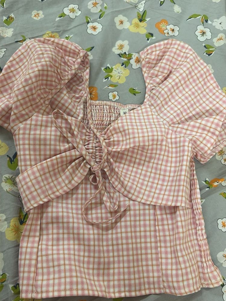 Pink Gingham Puff Sleeve Top