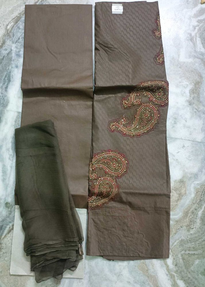 Embellished Brown Kurta Set Fabric unstitched