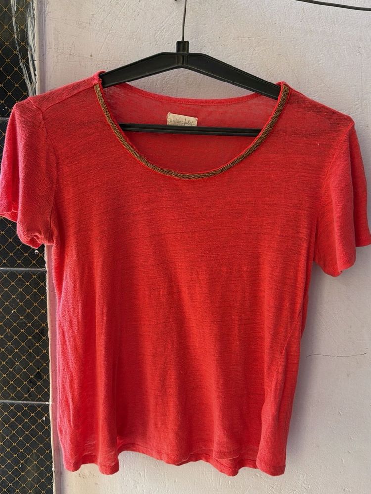 Vibrant Coral Textured T-Shirt