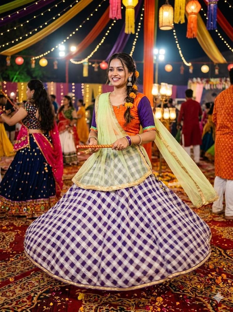 Elegant Blue &amp; White Checkered Lehenga Choli Set