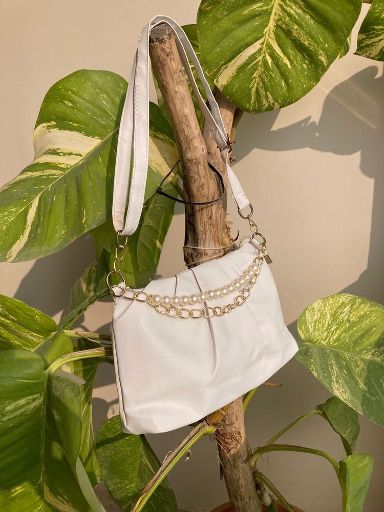White Pearl Embellished Shoulder Bag