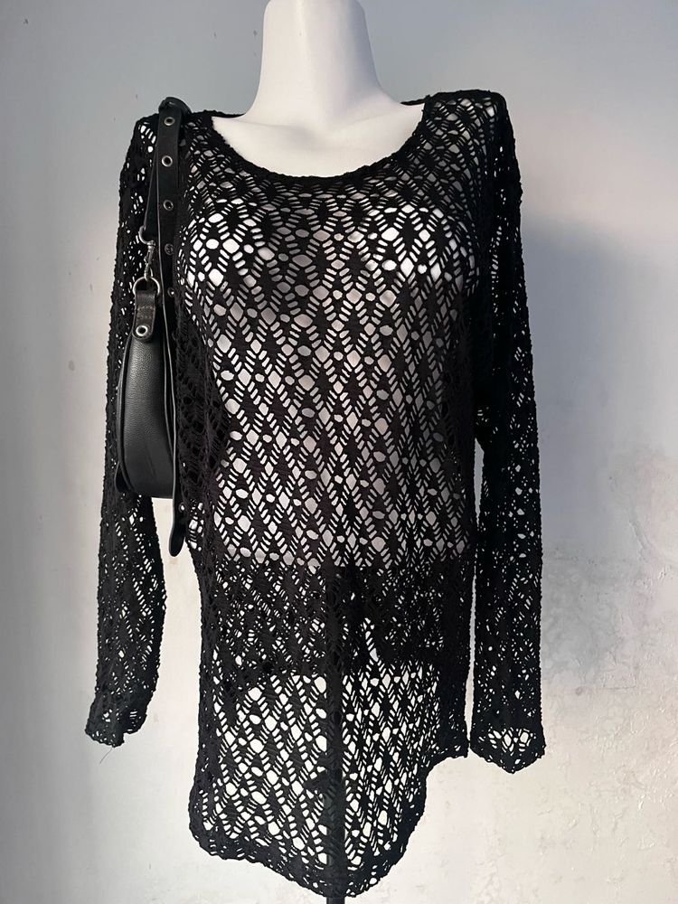 Black Crochet Knit Top
