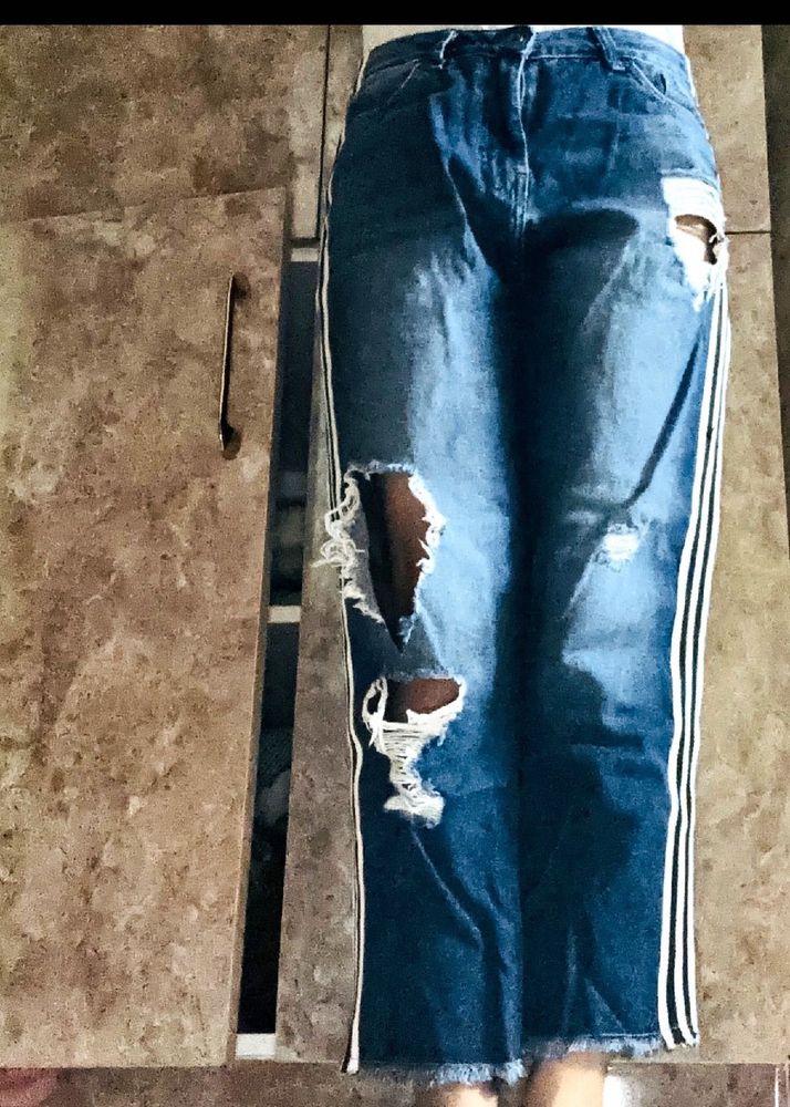Distressed Blue Jeans with Stripes