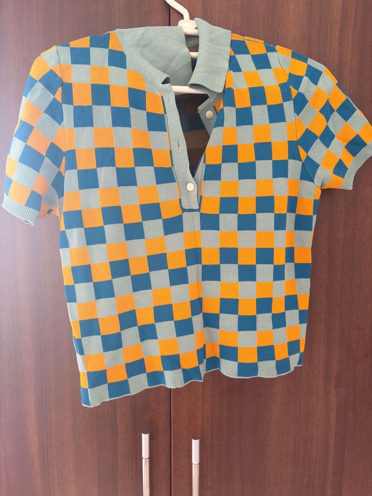 Checkerboard Knit Polo Top