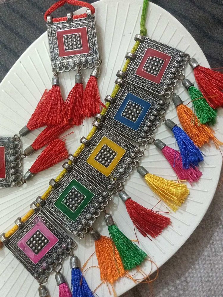 Boho Multicolor Tassel Choker Necklace Set