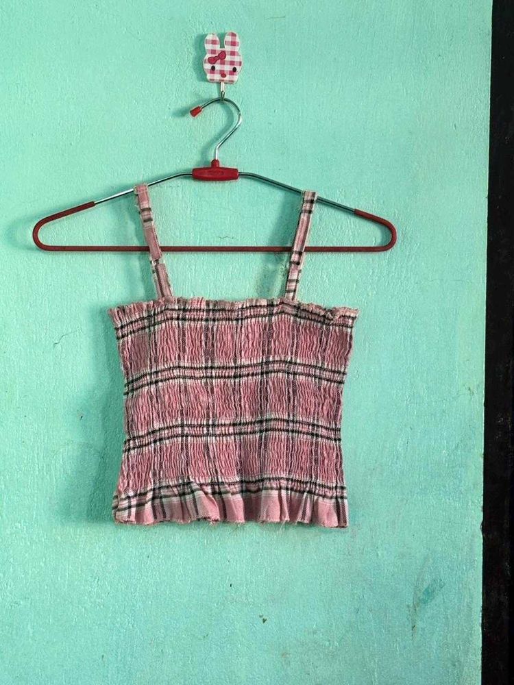 Chic Pink Plaid Smocked Crop Top