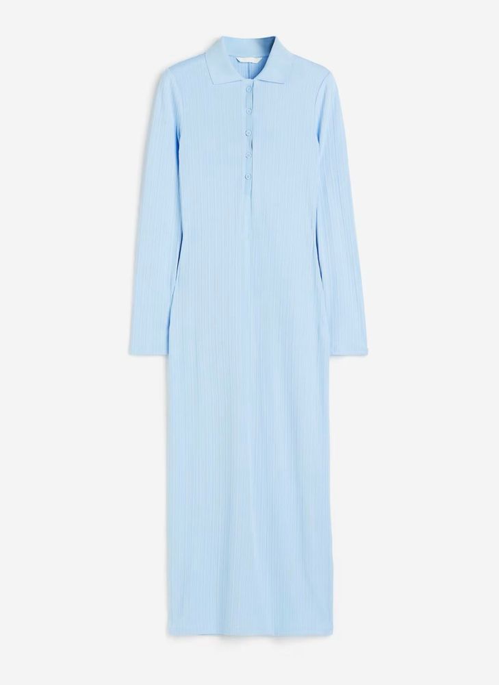 Blue Ribbed Knit Maxi Dress