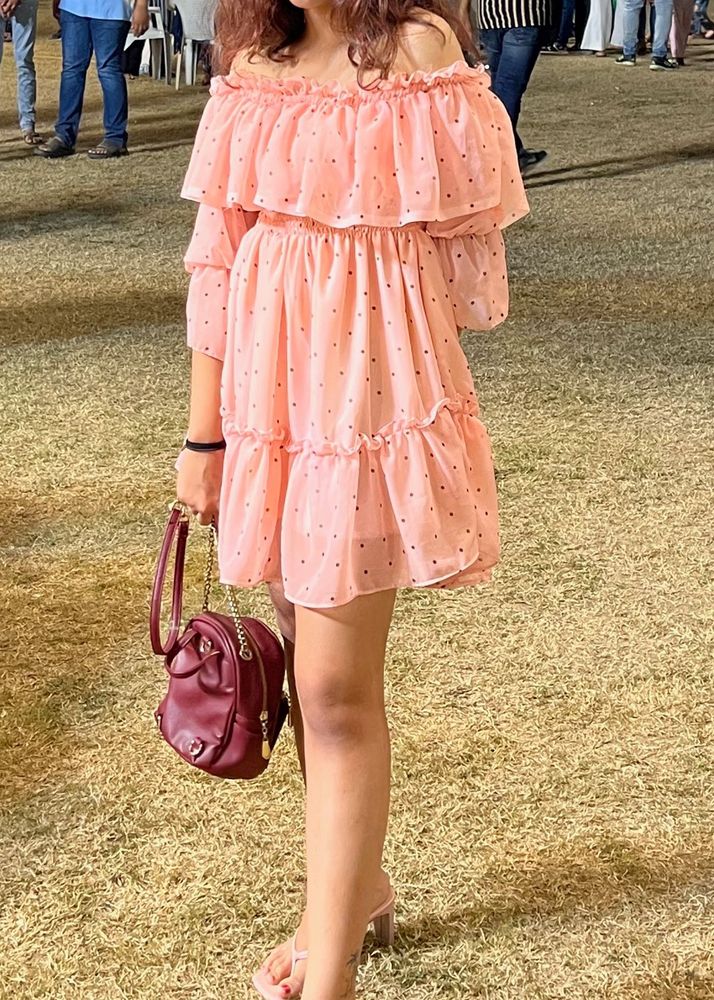 Pink off shoulderRuffled Mini Dress