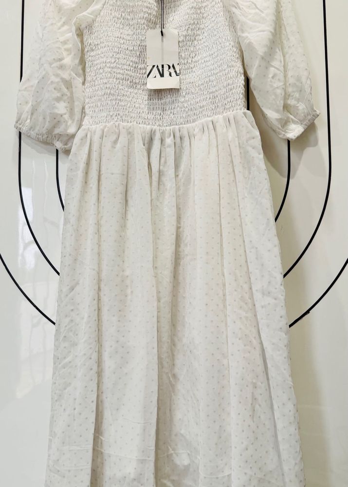 Zara White Smocked Midi Dress