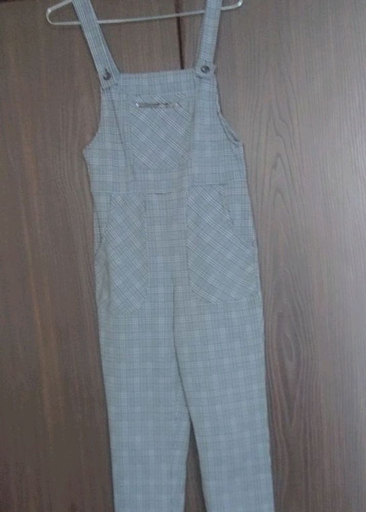 check printed square neck strap jumpsuit