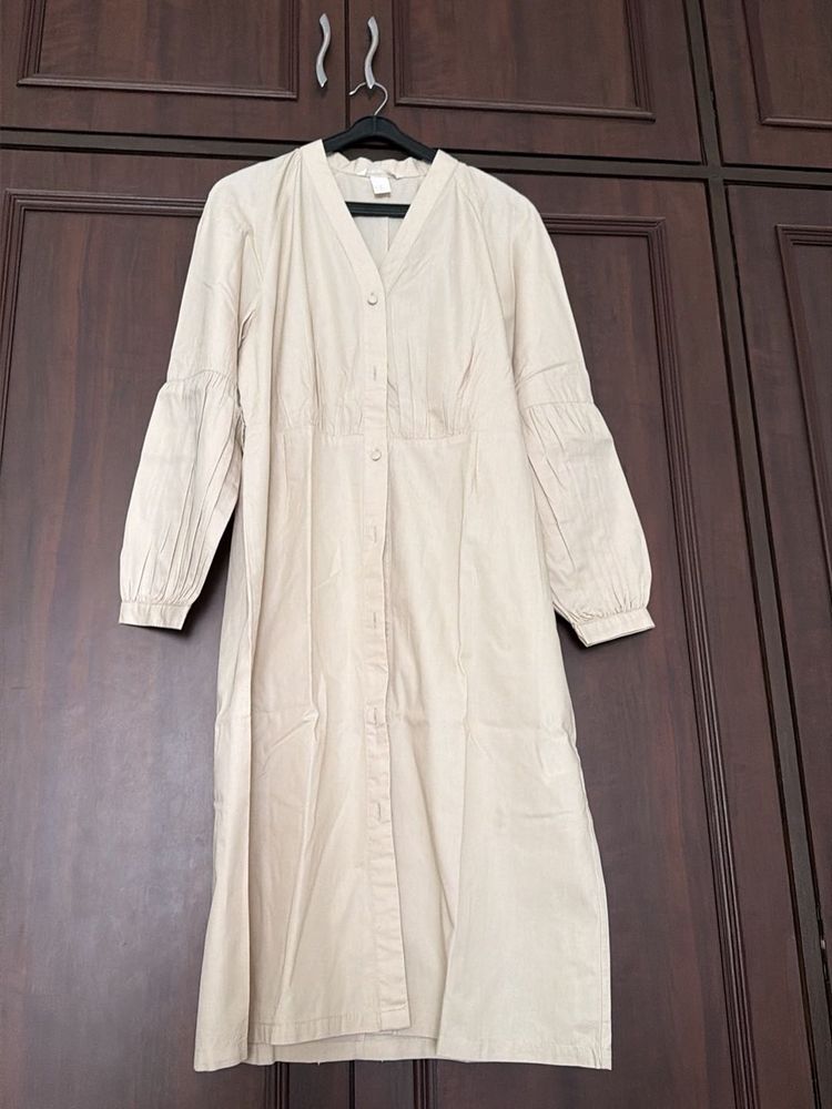 H&amp;M Beige Button-Up Midi Dress