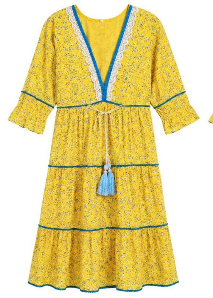 Yellow Floral Tiered Midi Dress