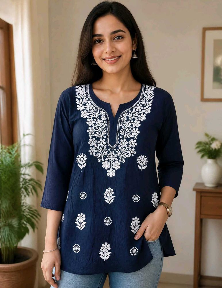 Navy Blue Embroidered Kurta Top