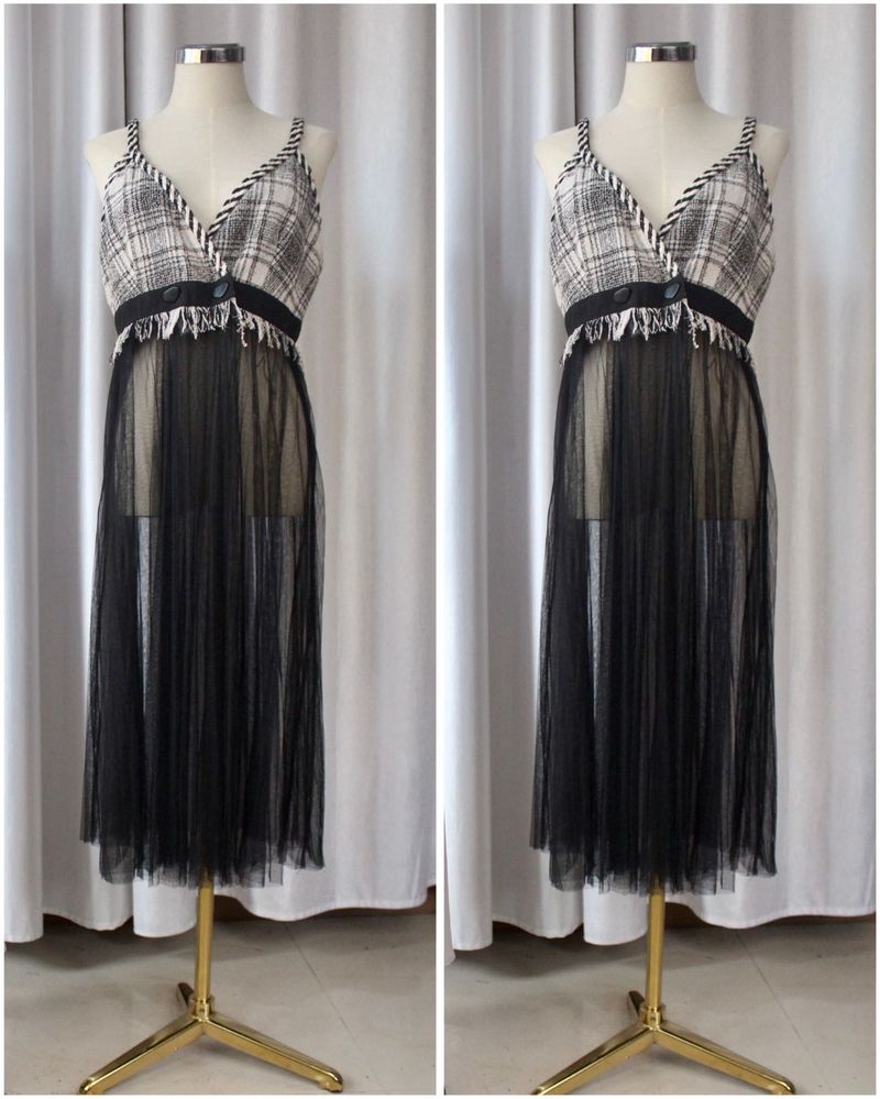 Sheer Black Tulle Plaid Dress