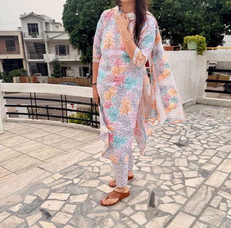 Multicoloured Floral Cotton Suit Set