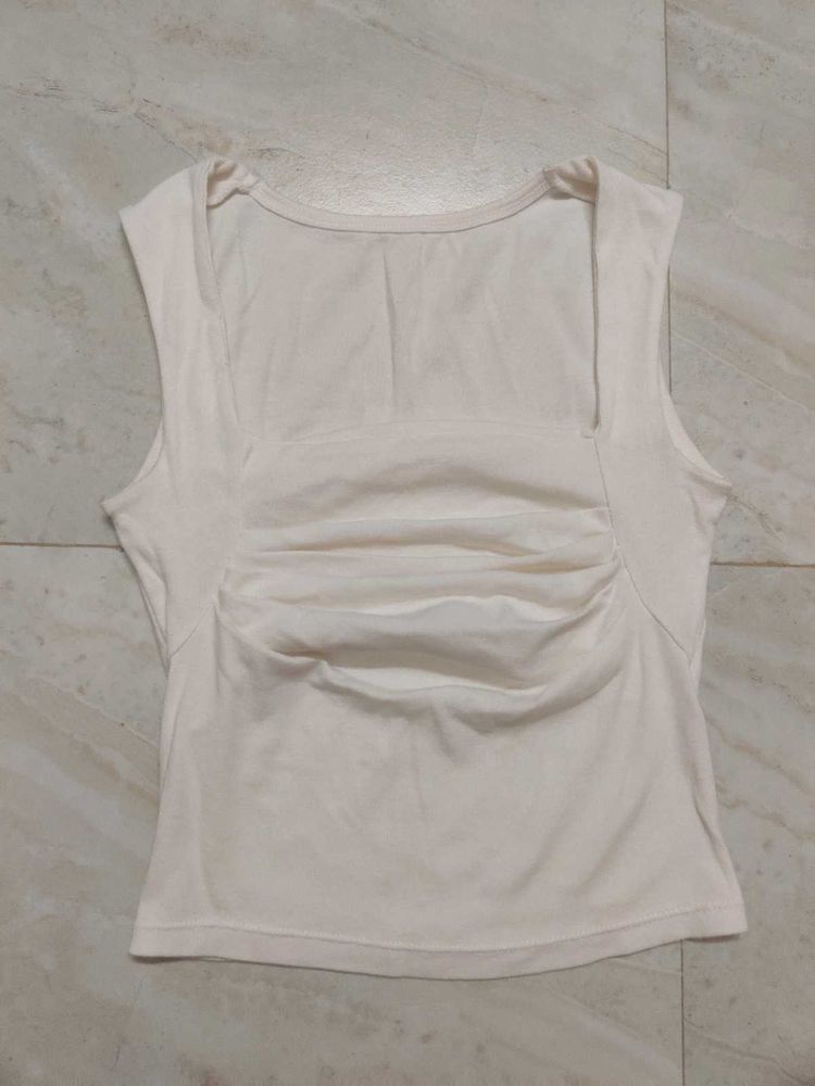 Cream Ruched Square Neck Tank Top