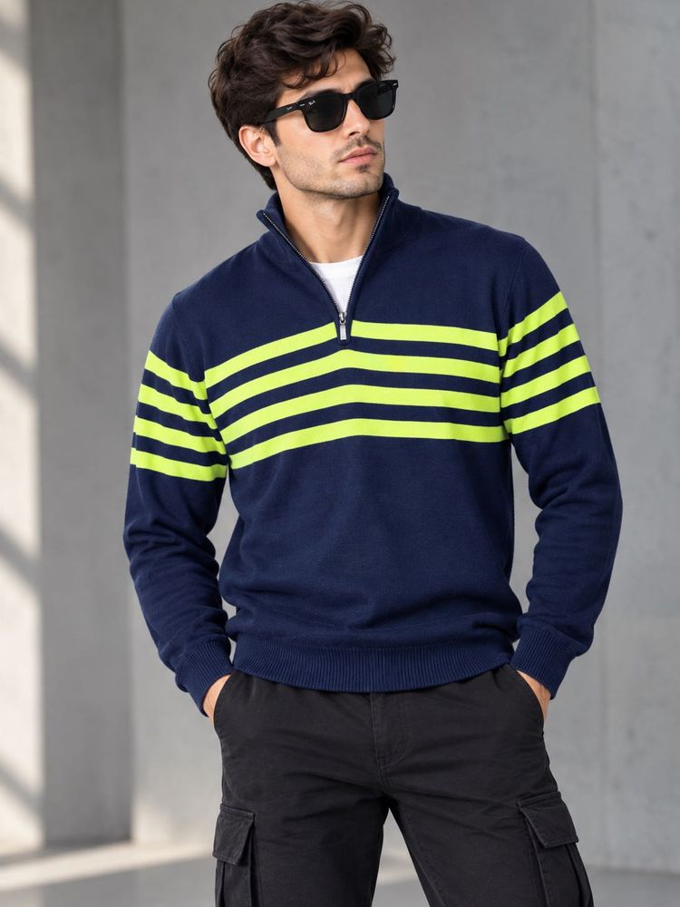 Navy &amp; neon green  Striped Sweater