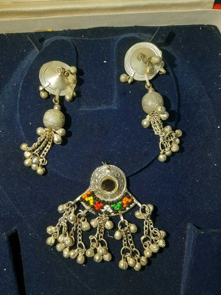 Boho Ethnic Silver Toned Necklace &amp; Earrings Set