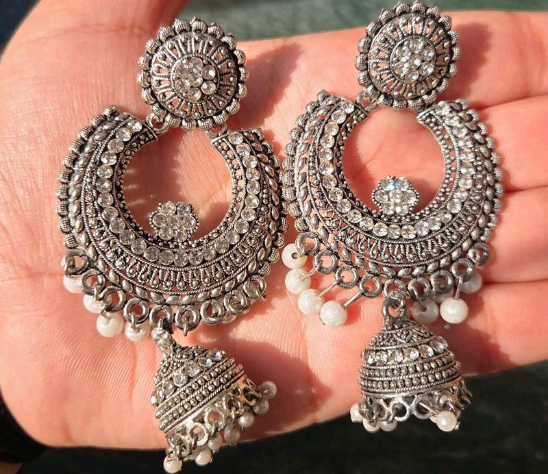 Elegant Oxidized Silver Jhumka Earrings