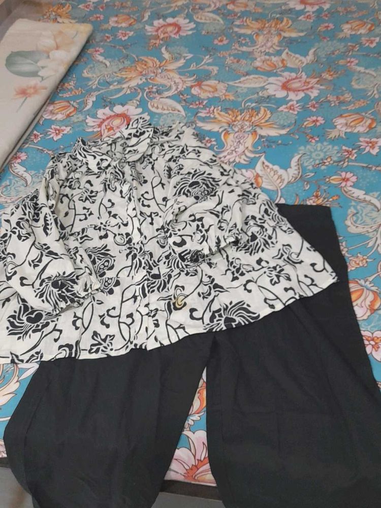 Black &amp; White Floral Kurta Set