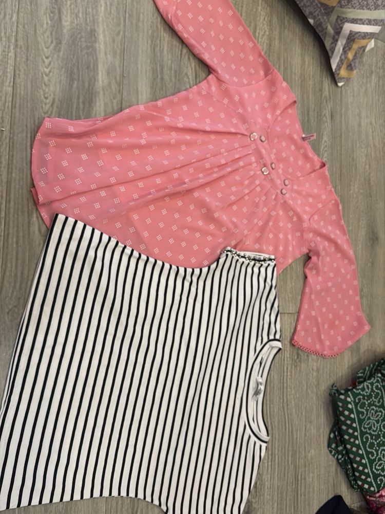 Chic Striped &amp; Pink Tops Set