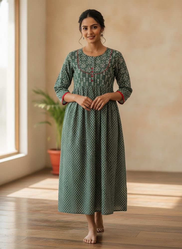 Long green jaipuri print kurta
