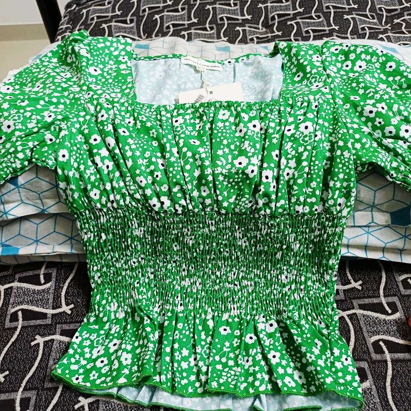 Green Floral Smocked Square Neck Top