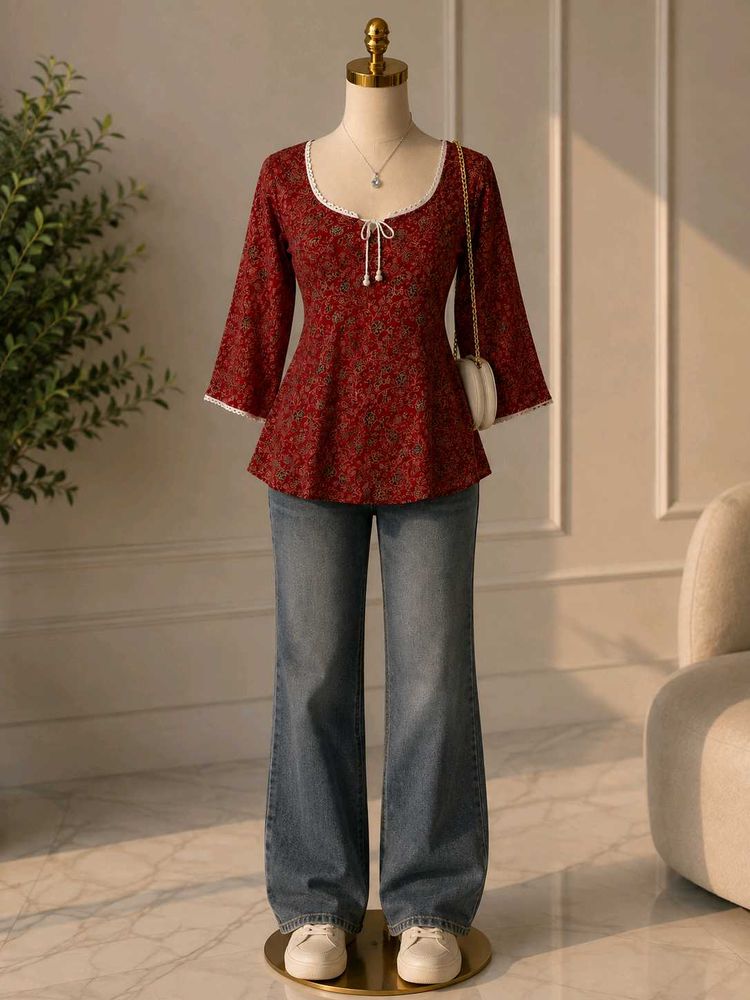 Chic Red Floral Bell Sleeve Top🌹