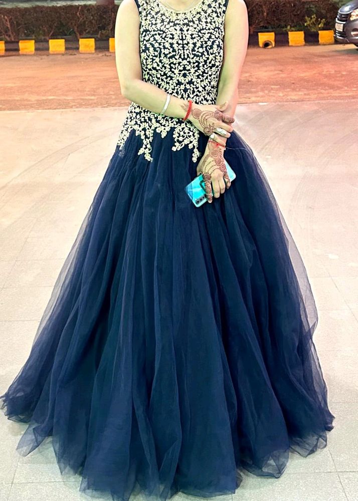 Elegant Navy Blue Embroidered Gown