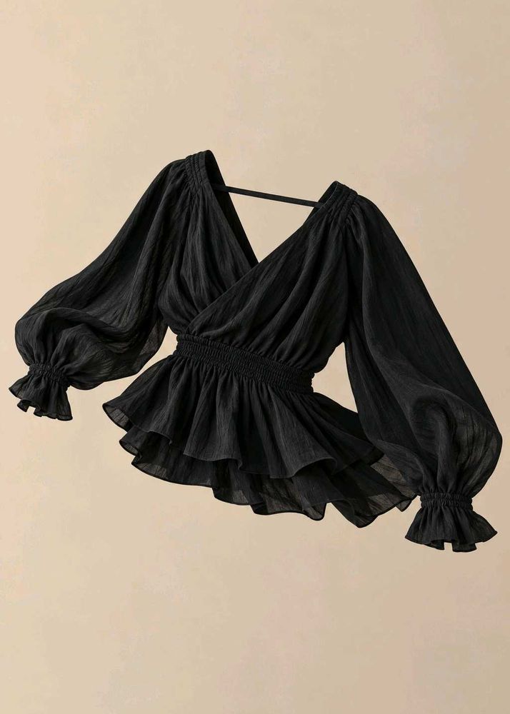 BLACK WRAP-STYLE BLOUSE WITH PUFF SLEEVES