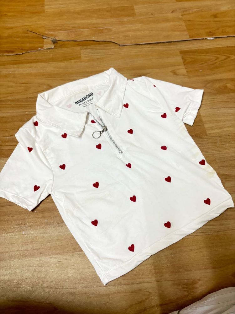 White T-Shirt with Red Hearts