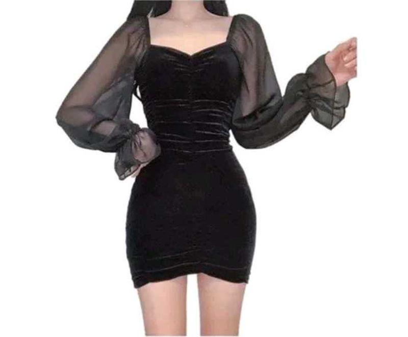 Black Velvet Mini Dress with Sheer Sleeves