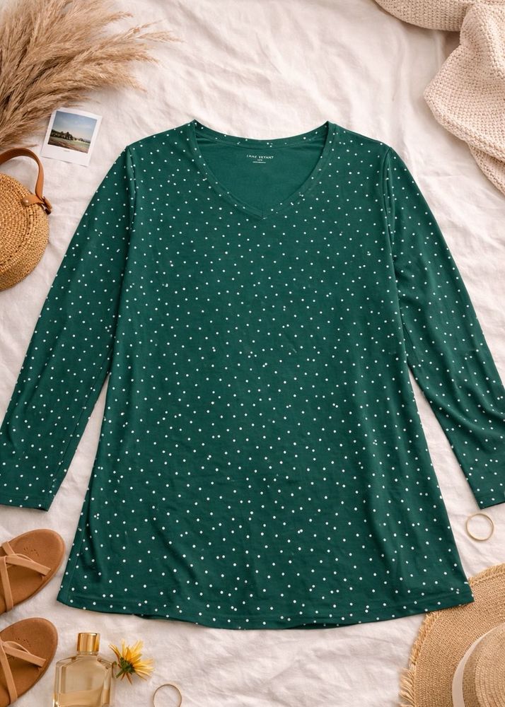 Chic Green Polka Dot Long Sleeve Top