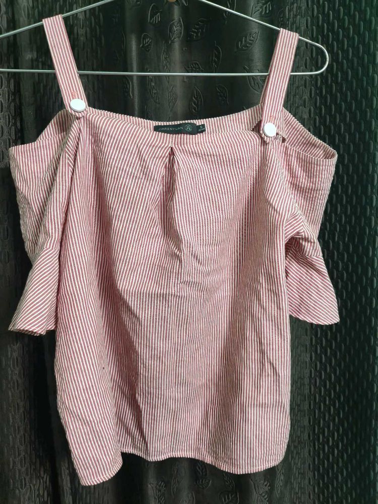 Pink Striped Cold Shoulder Top