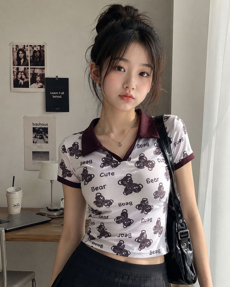 Cute Bear Print Collared Top