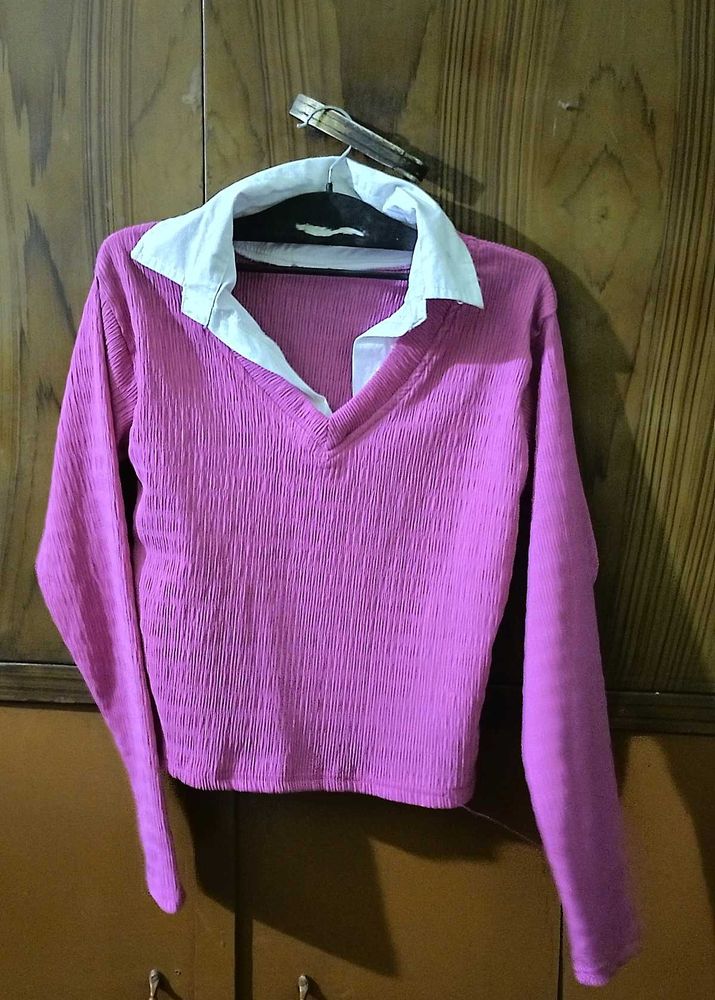 Pink  Y2K Collared Knit Top