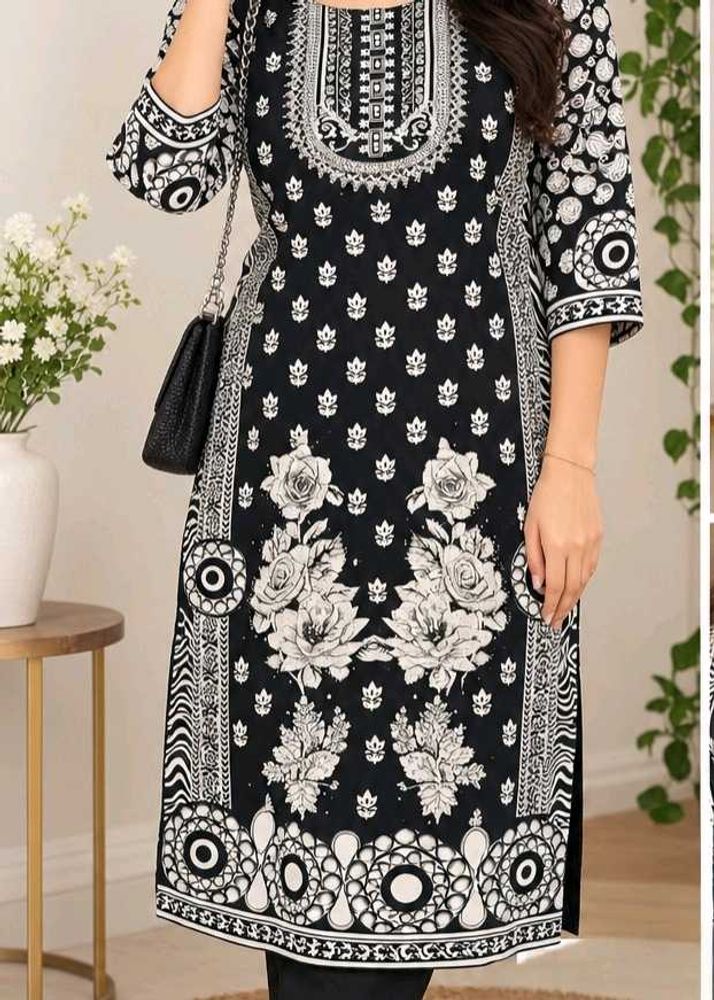 Elegant Black &amp; White Printed Kurti Pant Set
