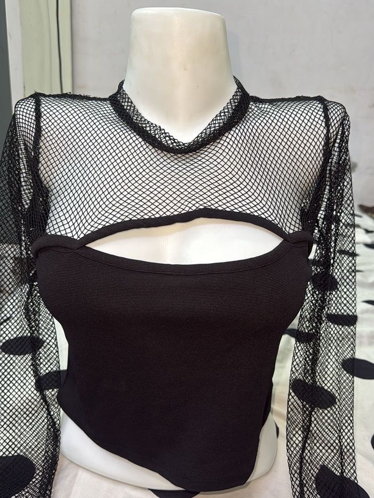Sheer Mesh Cut-Out Crop Top
