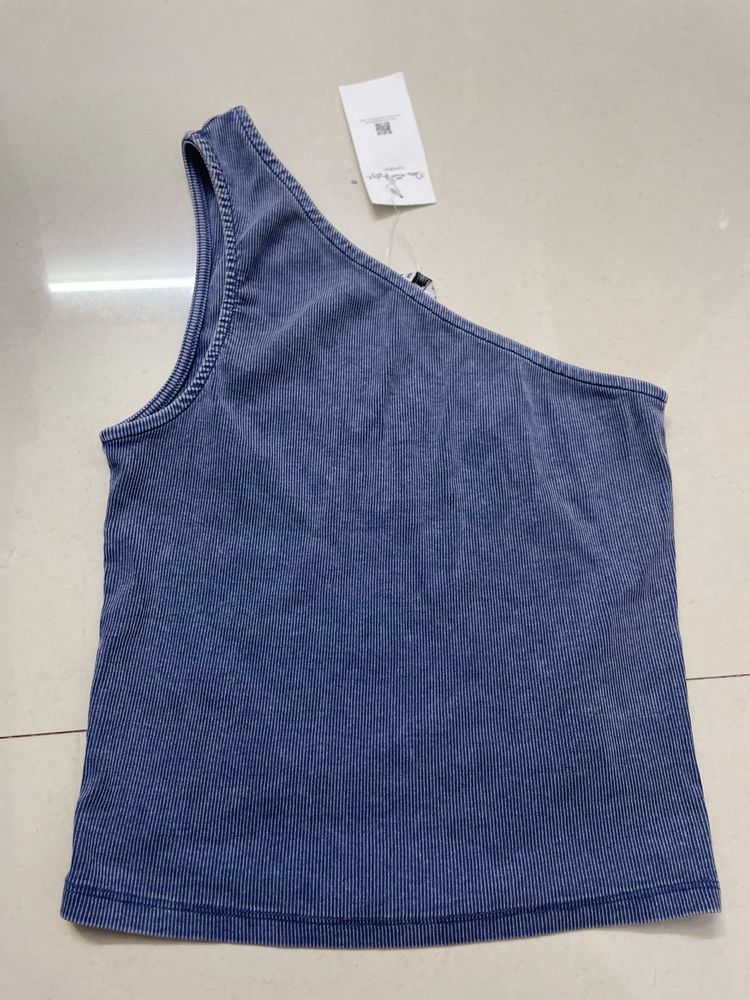 Blue One-Shoulder Ribbed Tank Top