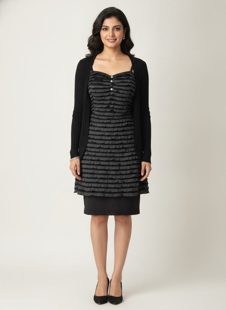 Chic Black Ruffled Dress with Cardigan