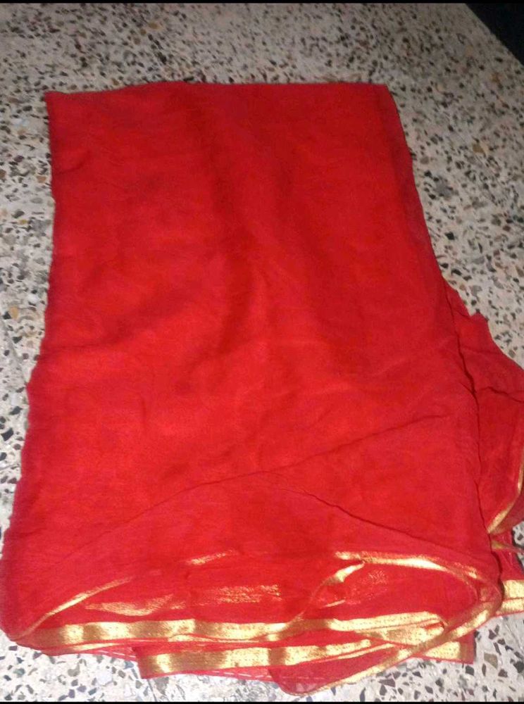 Vibrant Red Saree with Gold Border