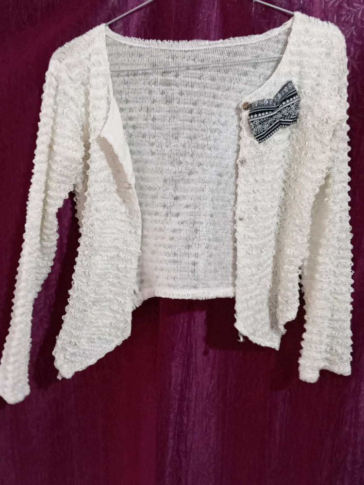 White Textured Open Cardigan with Bow Detail