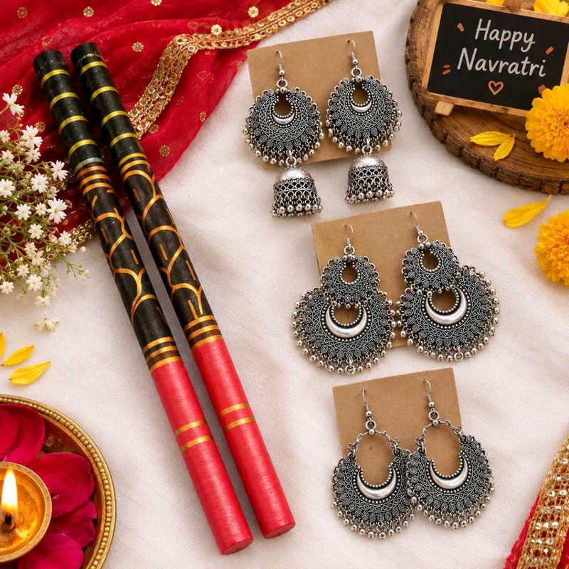 Combo Dandiya sticks and Traditional Oxidized Silv