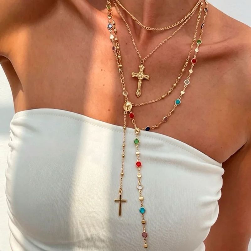 Boho Layered Cross Necklace with Colorful Beads
